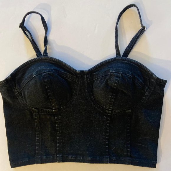 Rebellion Again Tops - Rebellion Again Black Denim Corset Style Cropped Tank Top, Size Medium